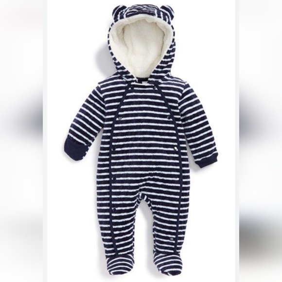 Nordstrom Baby Bunting Quilted Navy Striped Snow Winter Suit Size 6 Mont… - Picture 1 of 5